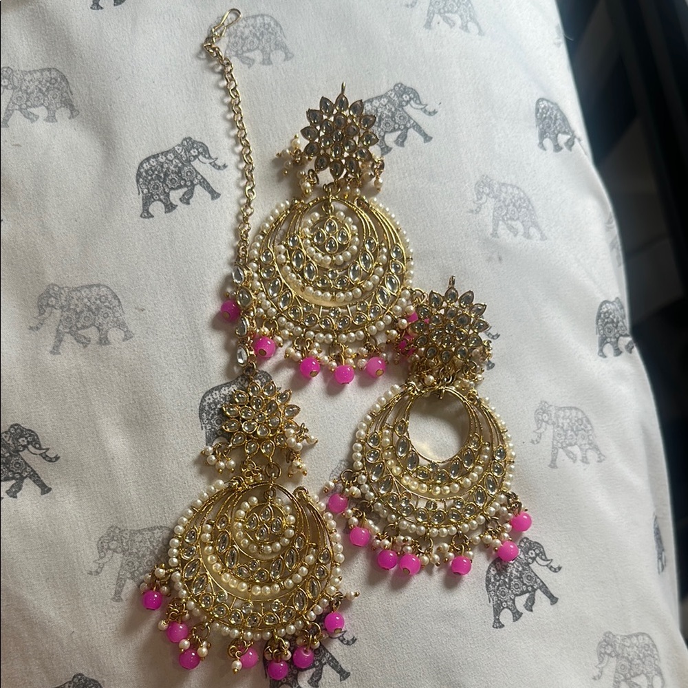 Gold and Pink Statement Earrings & tikka